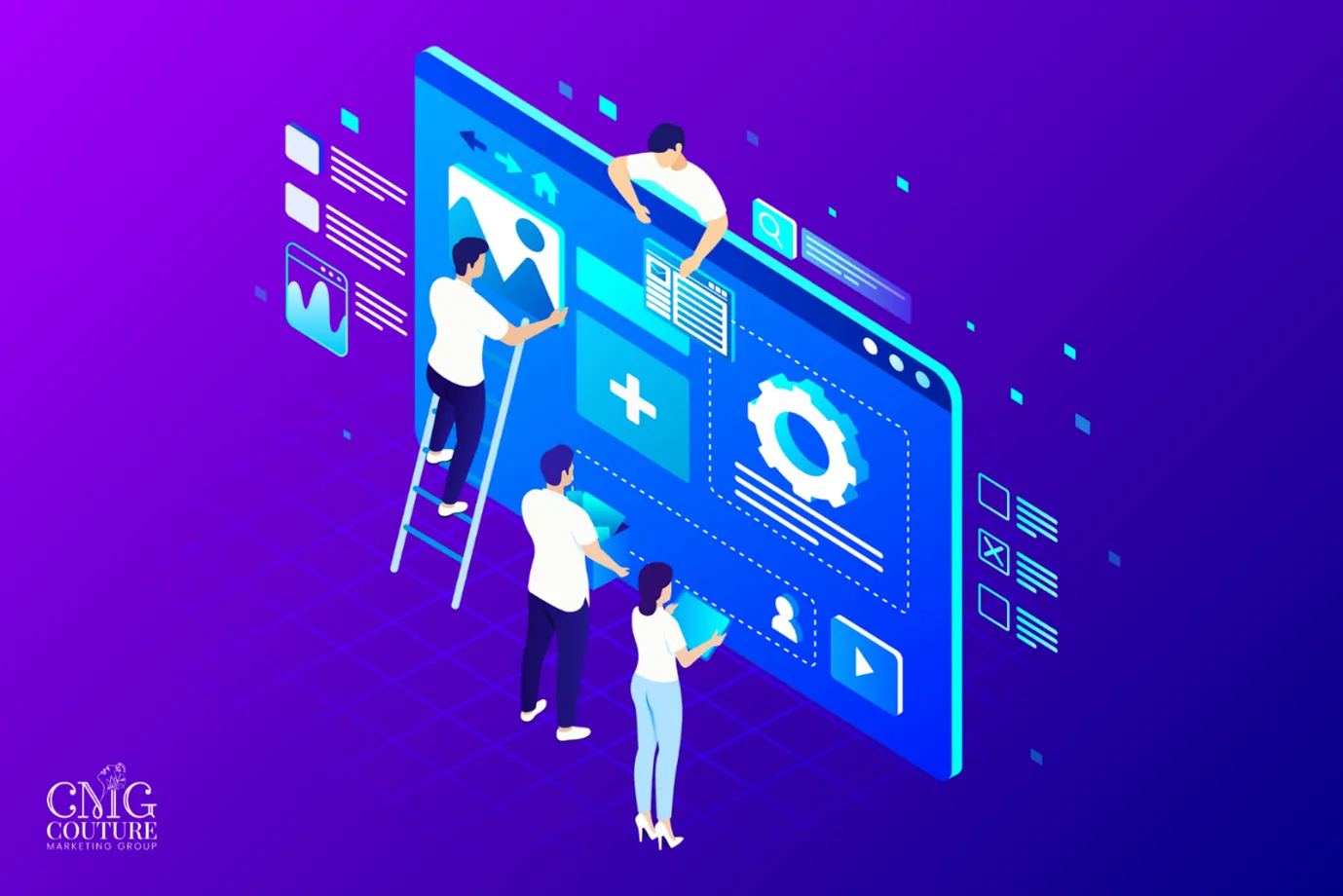 7 Key Components of Web Development & the Roadmap to Online Success 6 Group of professionals engaged in web development activities with a purple backdrop, emphasizing key components for 2025